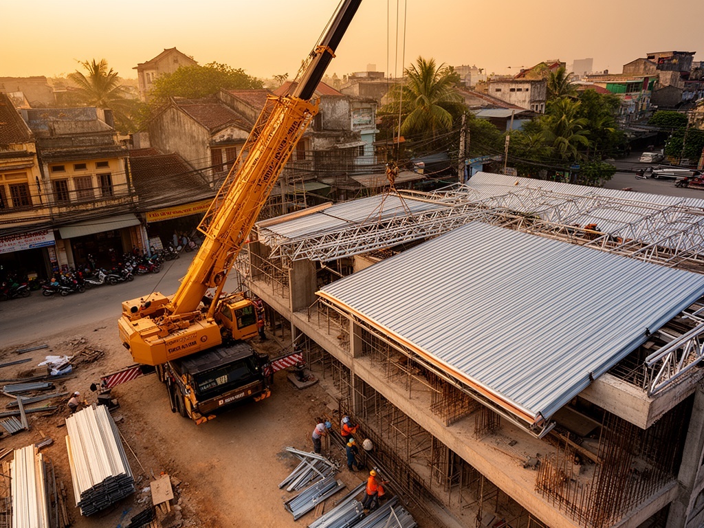 Lắp dựng khung thép & Cẩu mái tôn — Xe cẩu Giang Khôi Hưng Yên [Ảnh minh họa]